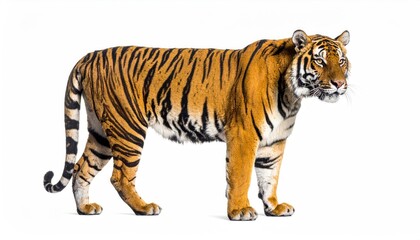Obraz premium Majestic Bengal Tiger: Witness the regal presence of a bengal tiger, its striking orange and black stripes creating a captivating portrait against a clean backdrop. Evoking power, grace.