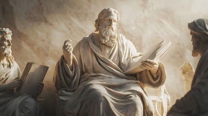 Photograph of sculptural depiction of classical figures seated with open books, evoking ancient wisdom.