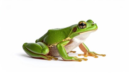 Obraz premium Emerald Frog: A captivating photograph of a vibrant green frog in full detail, set against a plain background, showcasing its delicate texture and lively features.