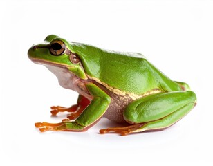 European Tree Frog Portrait: A vibrant green European tree frog, showcasing its smooth skin and striking yellow-gold eyes, sits on a neutral background.