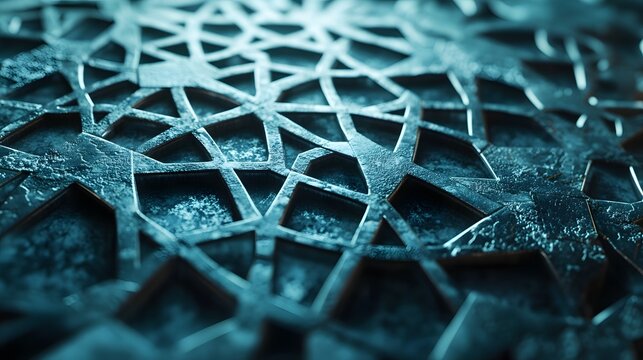 Photograph of intricate geometric patterns with dark, weathered metal tiles.