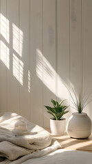 Sunlit indoor plant decor creating a cozy minimalist living space with tranquil ambiance