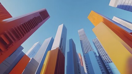 3D render of skyscrapers against a bright blue sky, showcasing geometric architecture.