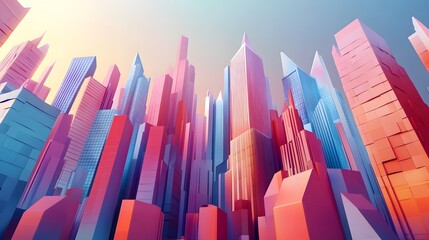 Obraz premium 3D render of towering, geometric skyscrapers in vibrant red, blue, and yellow tones.