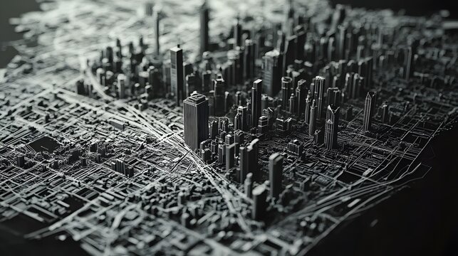 3D render showcases a dense, complex cityscape model with intricate building details and intersecting roads.