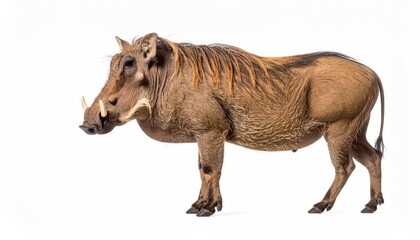 Fototapeta premium Warthog in Profile: An impressive side-view portrait of a warthog, showcasing its distinctive features against a clean backdrop. This photorealistic image captures the essence of the wild.