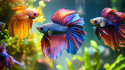 Vibrant Betta Fish Swim Gracefully in a Lush Aquarium