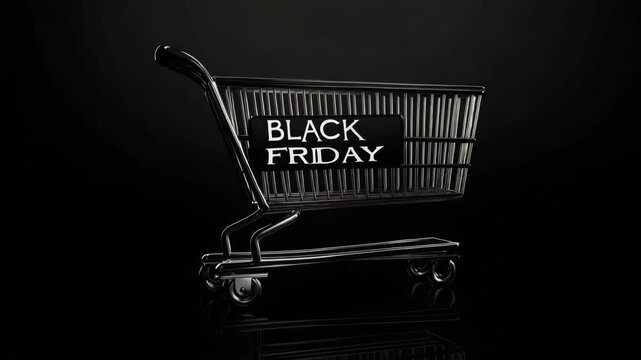 Black shopping cart against dark background with black friday sign highlighting holiday shopping concept