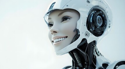 3D render of a female cyborg with a helmet, displaying a smiling expression against a white background.
