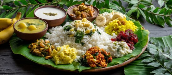 Traditional Onam Sadhya Served on Banana Leaf with Diverse Dishes
