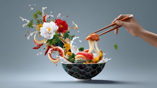 Graceful Depiction of Chopsticks Scooping Culinary Delights