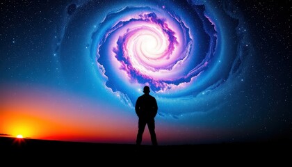Fototapeta premium Silhouette of a man standing against a vibrant sunset and a swirling galaxy