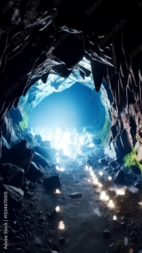 Poster mystical underground cavern with glowing lights illuminating a rocky path and an opening to a lumino