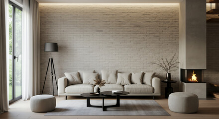 "Modern Minimalist Living Room with Textured Accent Wall"
