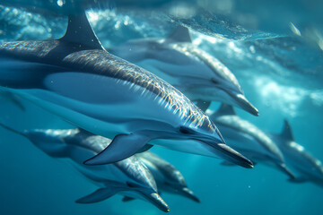 Pod of dolphins swimming underwater