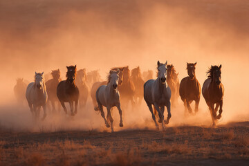 Wild horses running at sunset