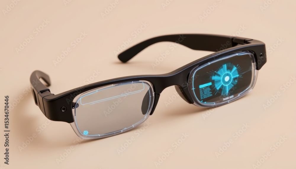Poster smart glasses with a futuristic design and digital interface display.