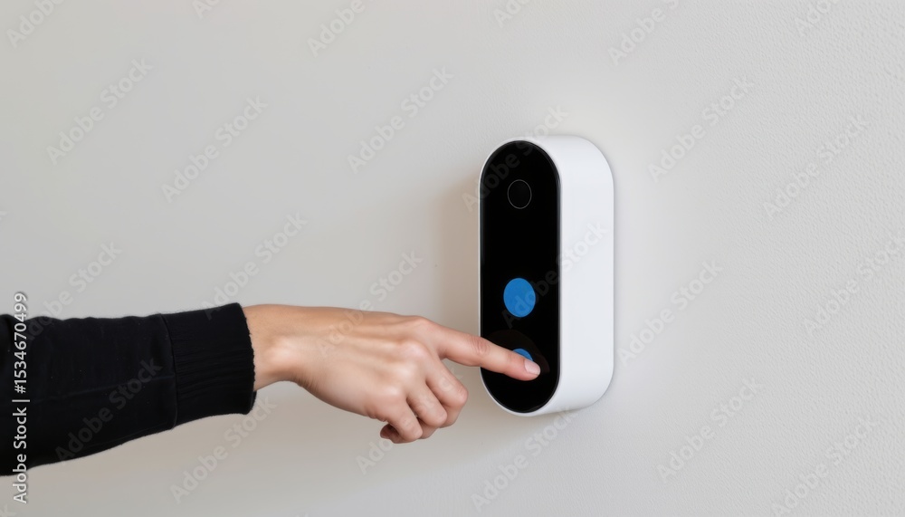 Poster smart device with a hand pressing a button on a wall-mounted panel.
