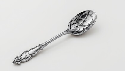 Silver spoon with intricate detailing and a decorative handle.