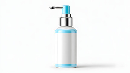 Sleek white pump bottle with blue accents stands against clean background, ideal for cosmetic or skincare product mockups. design is modern and minimalistic