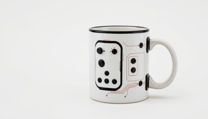 Ceramic mug with a futuristic circuit design motif.