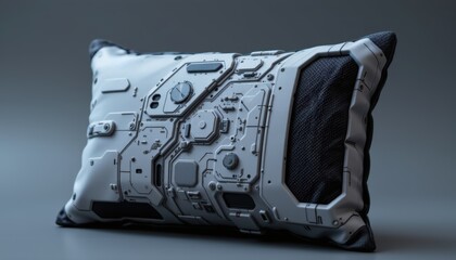 Futuristic pillow design with circuit patterns and textures.