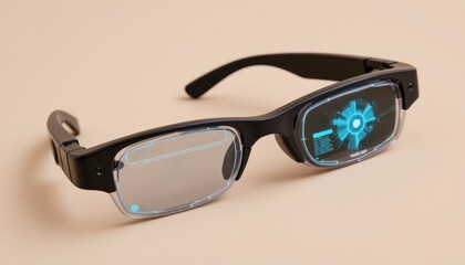 Smart glasses with a futuristic design and digital interface display.
