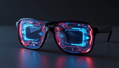 Futuristic glasses with glowing circuit design on lenses.