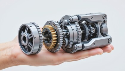 Model of a mechanical gearbox held in a hand.