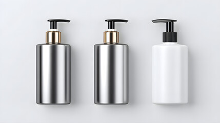 Obraz premium Three sleek pump bottles are showcased on light background, featuring two metallic and one white design, ideal for branding mockups