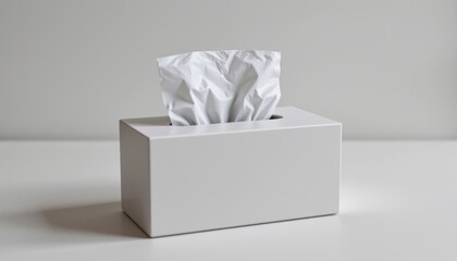 Tissue box with crumpled tissues protruding from the top.
