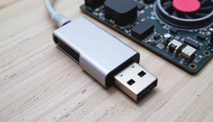 USB connector beside a circuit board on a wooden surface.
