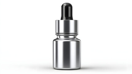 Silver dropper bottle with black cap, isolated on white background, clean and modern design, suitable for cosmetic, serum, or essential oil packaging, minimal and reflective style