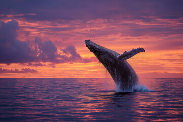 Fototapeta premium Majestic humpback whale breach at sunset