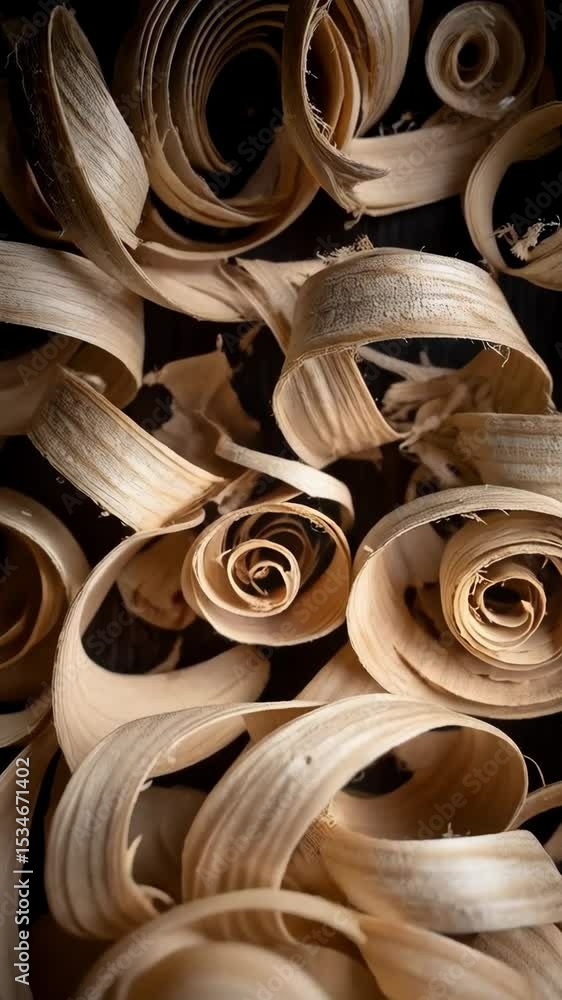 Poster close-up of light-colored wood shavings curled into spiral shapes and patterns on a dark background 