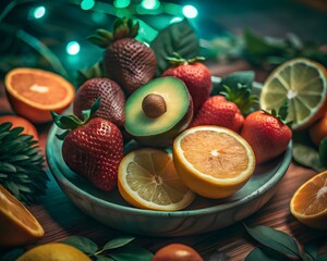 Fresh summer fruits in a bowl with green lights