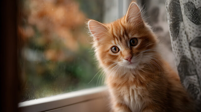 Adorable orange kitten looking directly at the camera sitting near a window indoors - Powered by Adobe