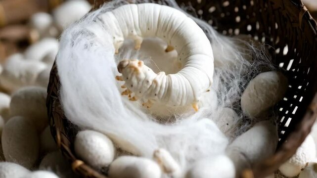 Silkworm crawls on net amongst white silk cocoons in a woven basket, detailed macro shot of process, silkworm farming, natural fibre production.