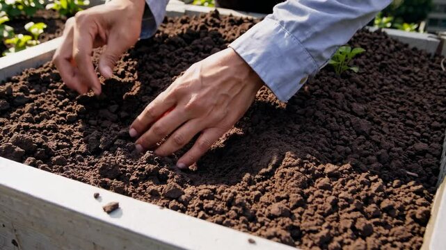 Close-up, top-down angle of hands planting in soil, capturing the essence of gardening in a tutorial video style.