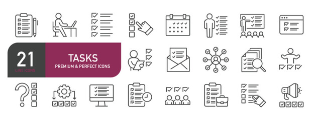 Set of line icons related to task, process, management, planning. Outline icons collection. Editable stroke. Vector illustration