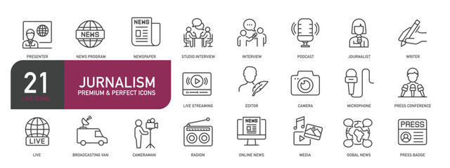 Set of line icons related to journalism, mass media, news. Outline icons collection. Editable stroke. Vector illustration