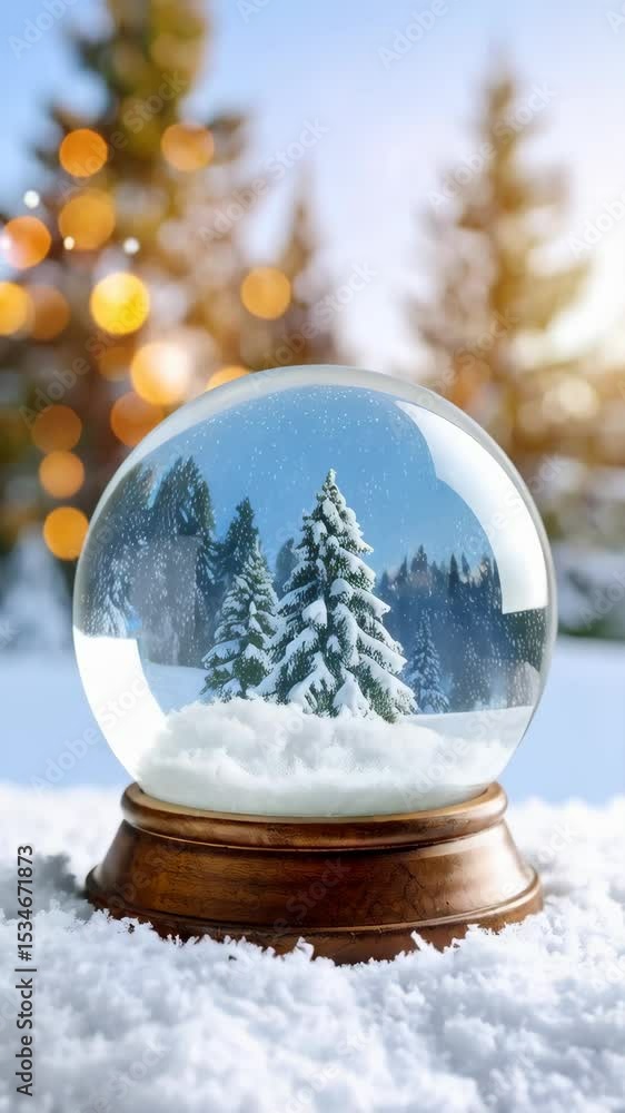 Poster winter snow globe with miniature snowy trees on a wooden base surrounded by a field of fluffy white 