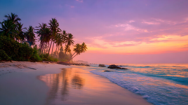 Beautiful tropical beach scene capturing palm trees and ocean during a colorful sunrise
