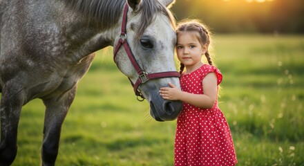 Girl interacts with horse in meadow at sunset captivating lifestyle natural environment serene viewpoint