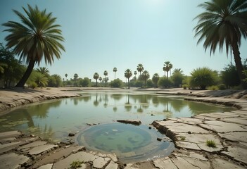 Desertification impacts visible in dry pond surrounded by palm trees during Earth Day awareness
