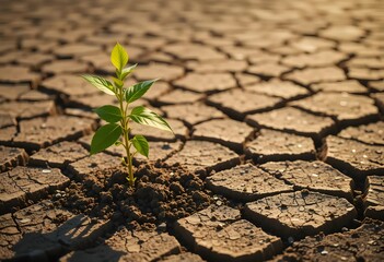 New growth emerges from cracked soil as desertification threatens ecosystems on Earth Day to combat climate change