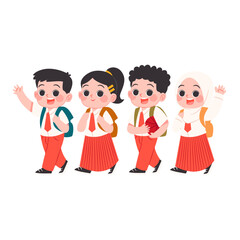 Indonesian elementary school children go to school. Vector illustration