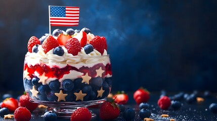 Patriotic trifle dessert with berries and American flag for Independence Day celebration