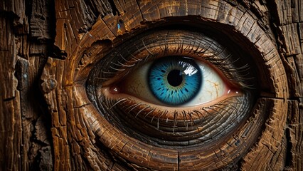 Enchanted Tree Trunk Knot with Vivid Blue Eye Formed in Aged Wood