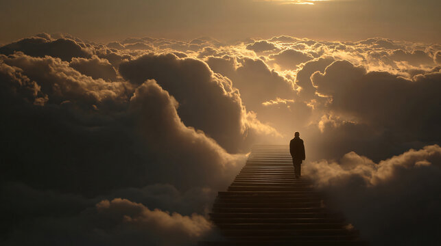 Person walking up stairway to heaven through clouds in the sky after death